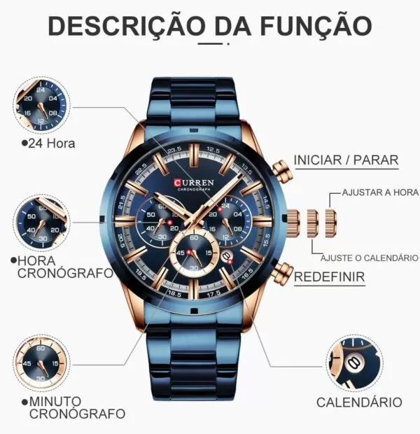 Relógio Curren Azul E Cobre Com Descrição Das Funções Id-660